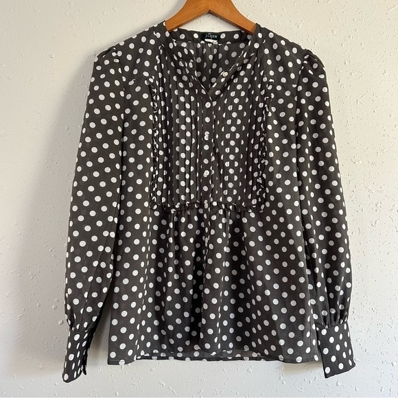 J. Crew Grey White Polka Dot Long Sleeve Blouse Preppy Office Small Medium - Picture 1 of 6
